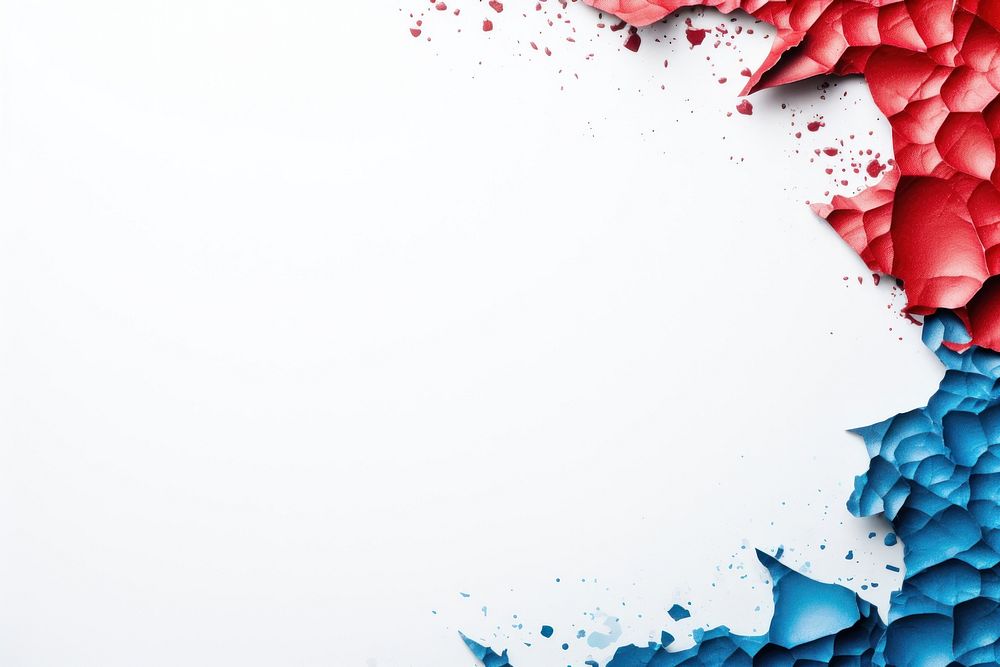 Torn strip of red and blue paper border backgrounds splattered abstract.