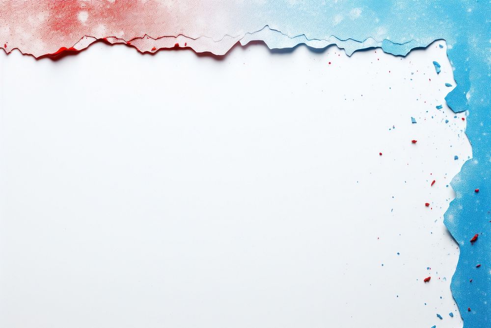 Torn strip of red and blue paper border backgrounds white background splattered.