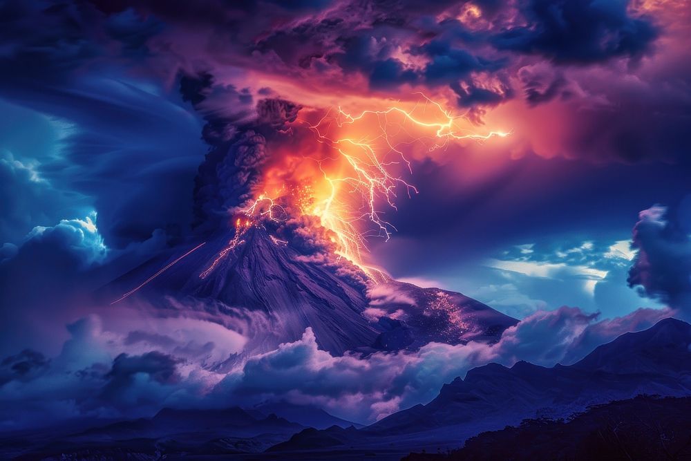 Volcano lightning mountain outdoors.