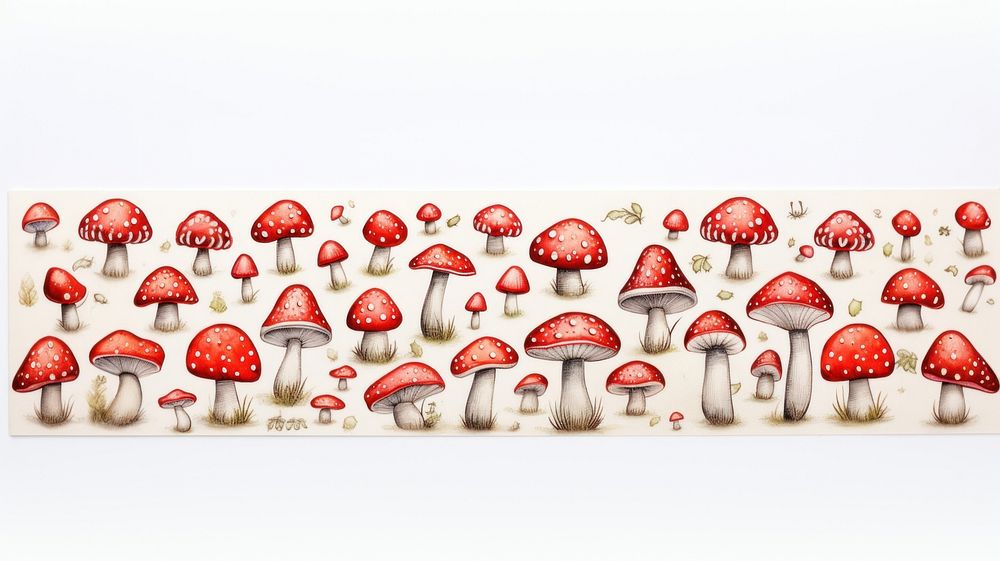 Doodle cartoon mushrooms pattern adhesive strip fungus plant white background.