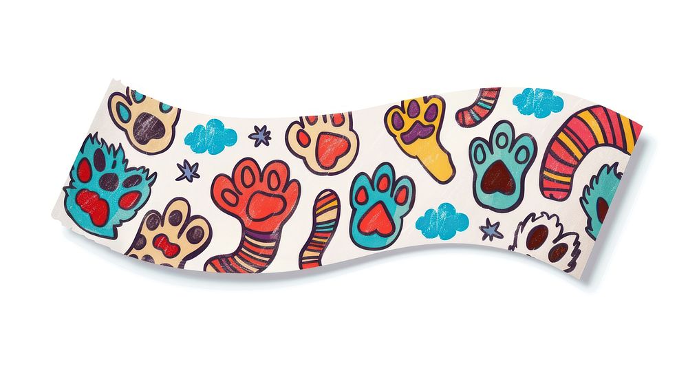 Doodle cartoon colorful paw pattern adhesive strip white background accessories creativity.
