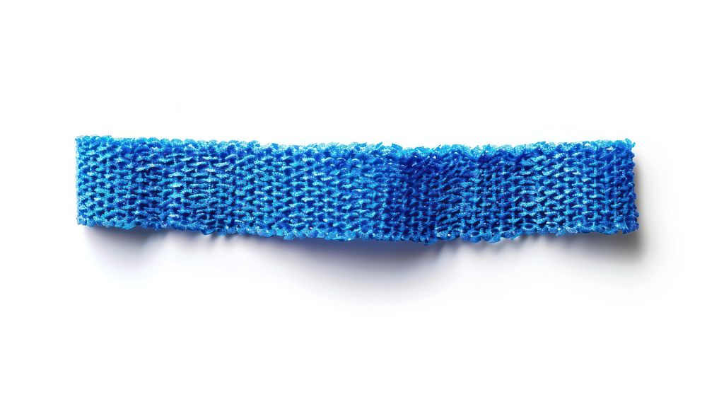 Rib knitted blue tape adhesive strip bracelet jewelry white background.