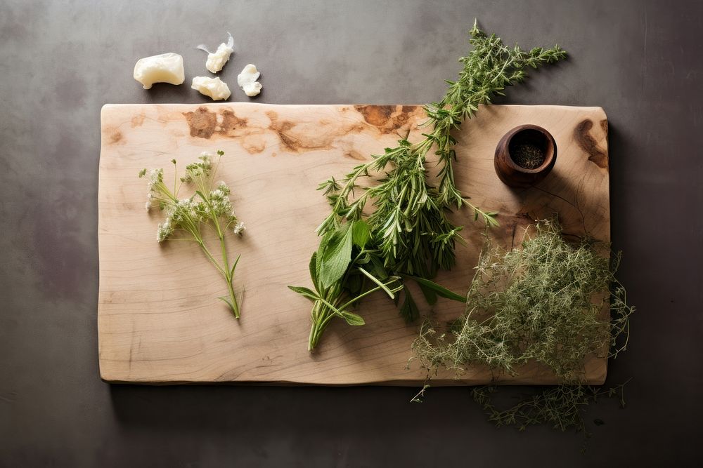 Wooden board food herb ingredient.