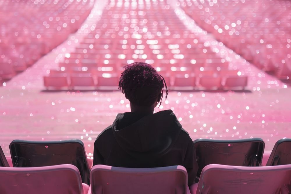 Black man sitting on seats at empty stadium auditorium adult pink.