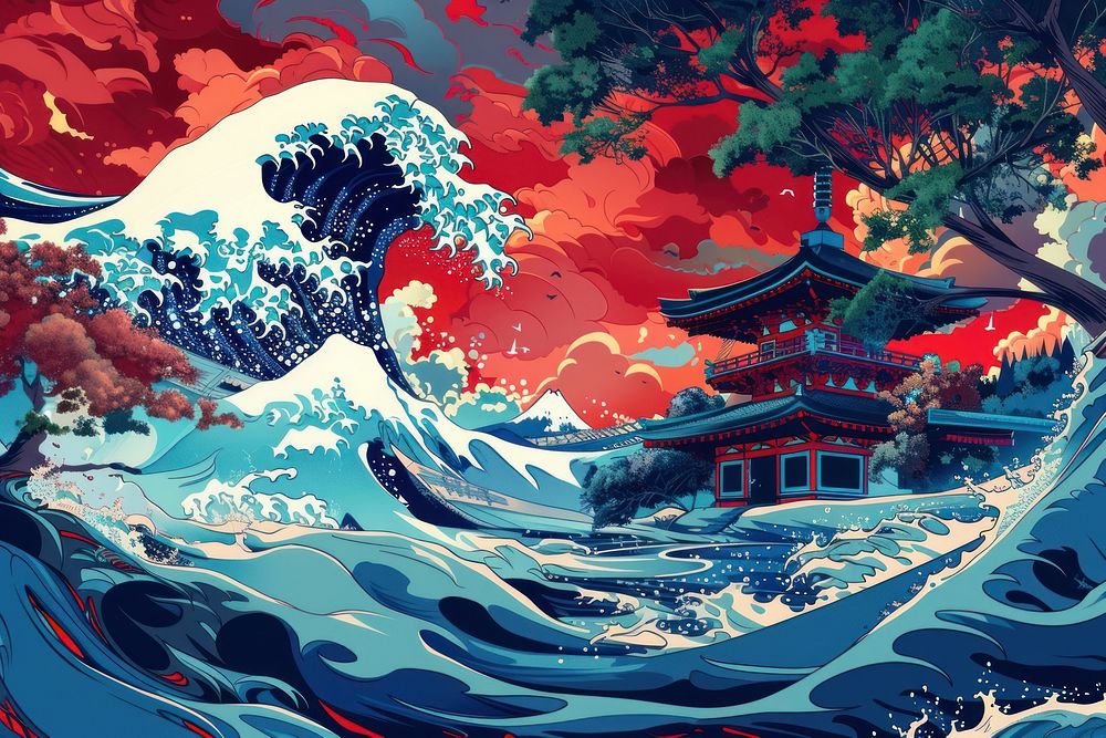 Japanese wave painting art landscape.
