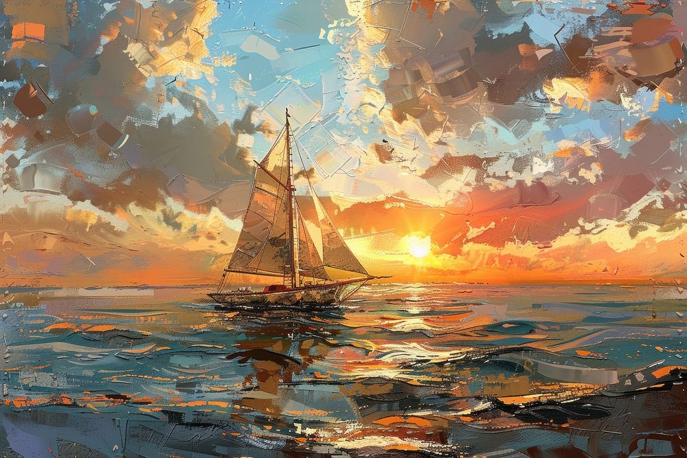 Sunset sailboat painting outdoors.