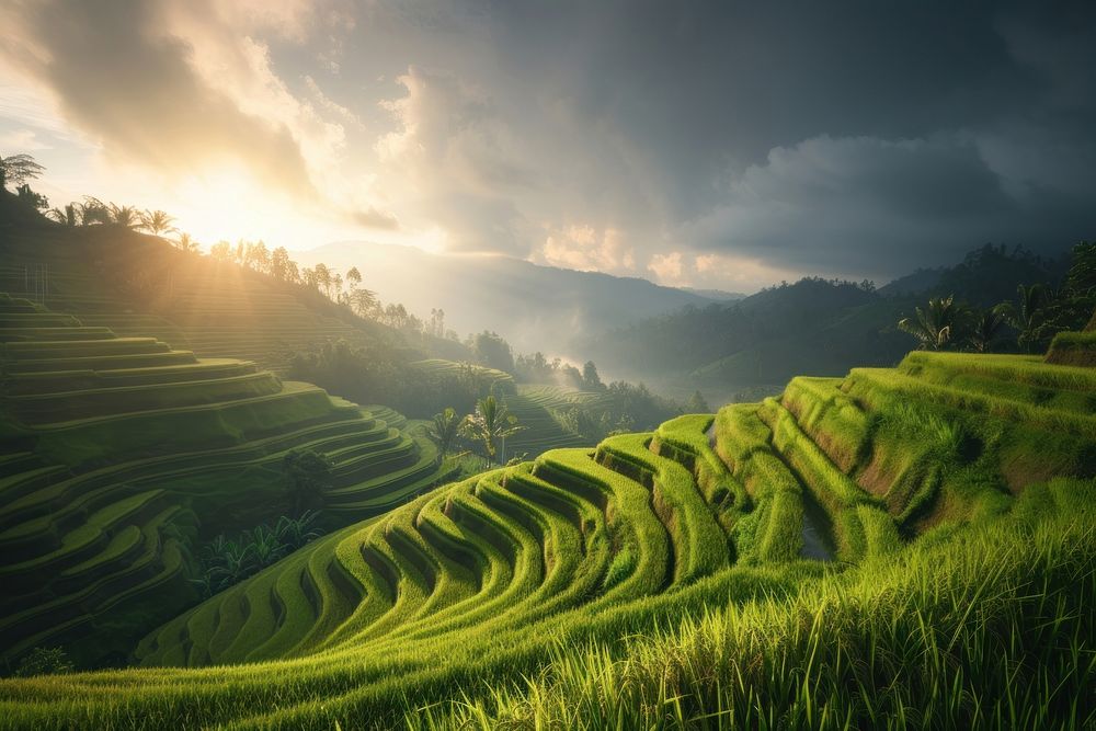Rice terrace landscape panoramic sunlight.