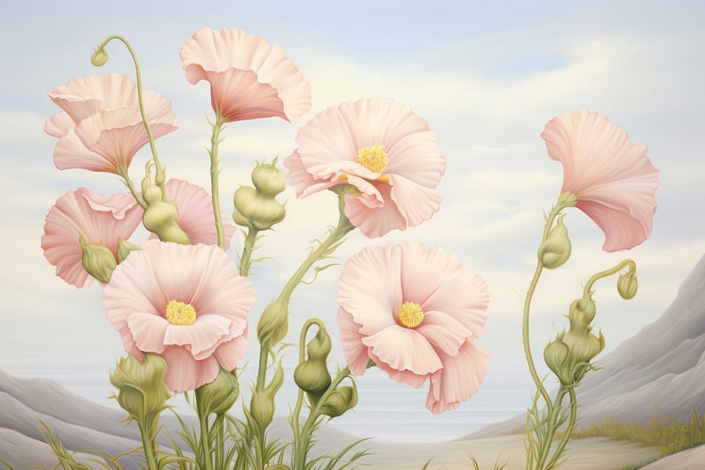 Painting of alcea flower plant inflorescence.