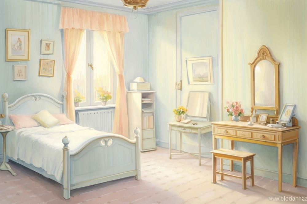 Painting of Bedroom bedroom furniture table.