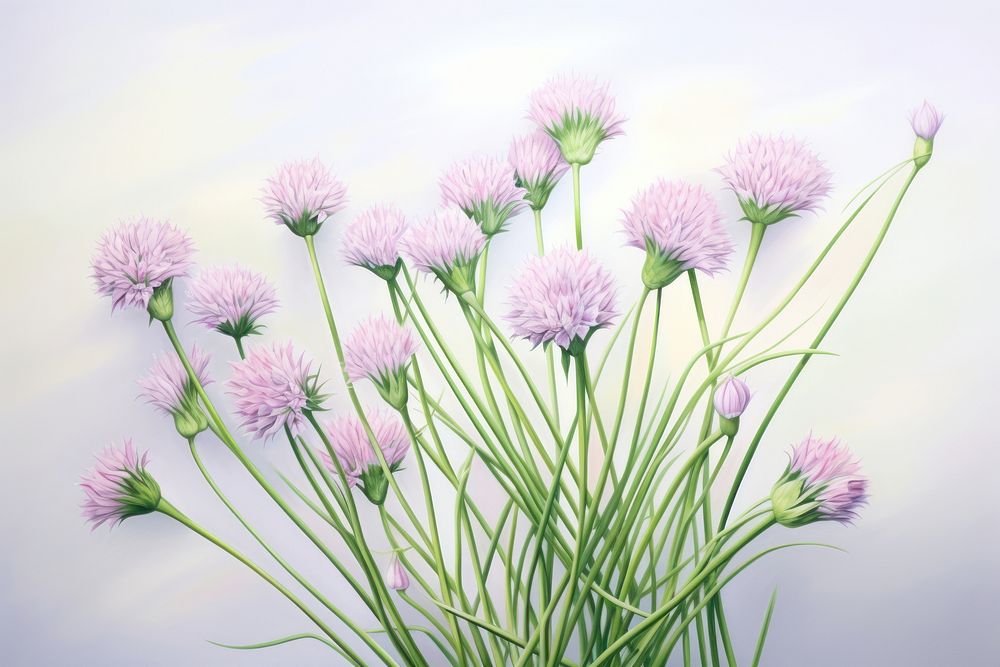 Painting of chives flower plant inflorescence.