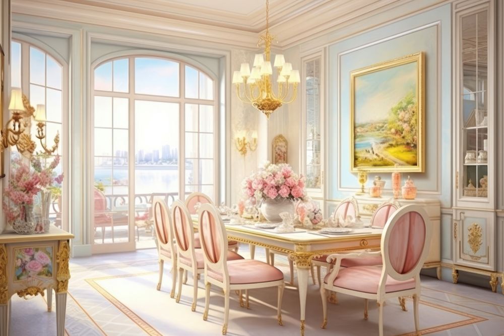 Painting of dining room architecture chandelier furniture.