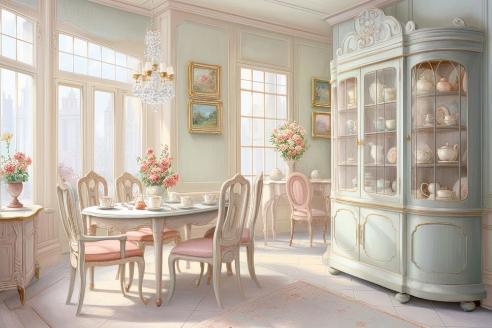 Painting of dining room architecture furniture building.