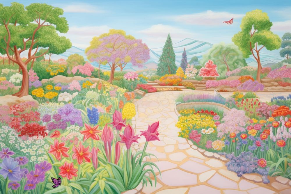Painting of flower garden landscape outdoors nature.