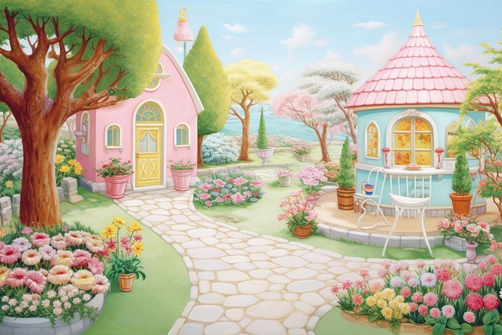 Painting of garden architecture building outdoors.