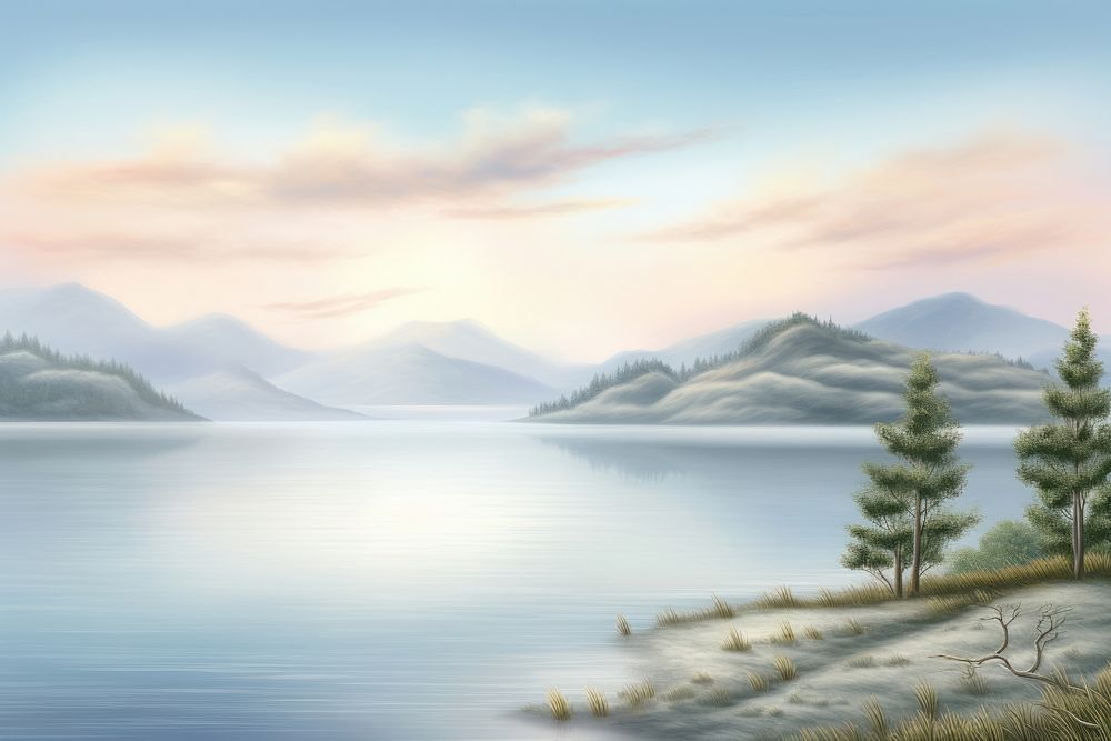 Painting of lake landscape panoramic outdoors.