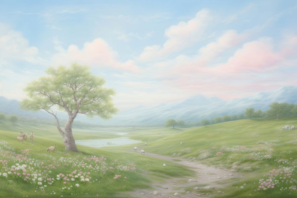 Painting of meadow landscape grassland outdoors.