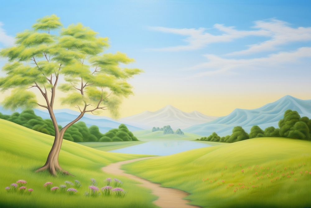 Painting of meadow landscape outdoors nature.