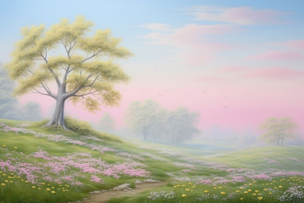 Painting of meadow landscape grassland outdoors.