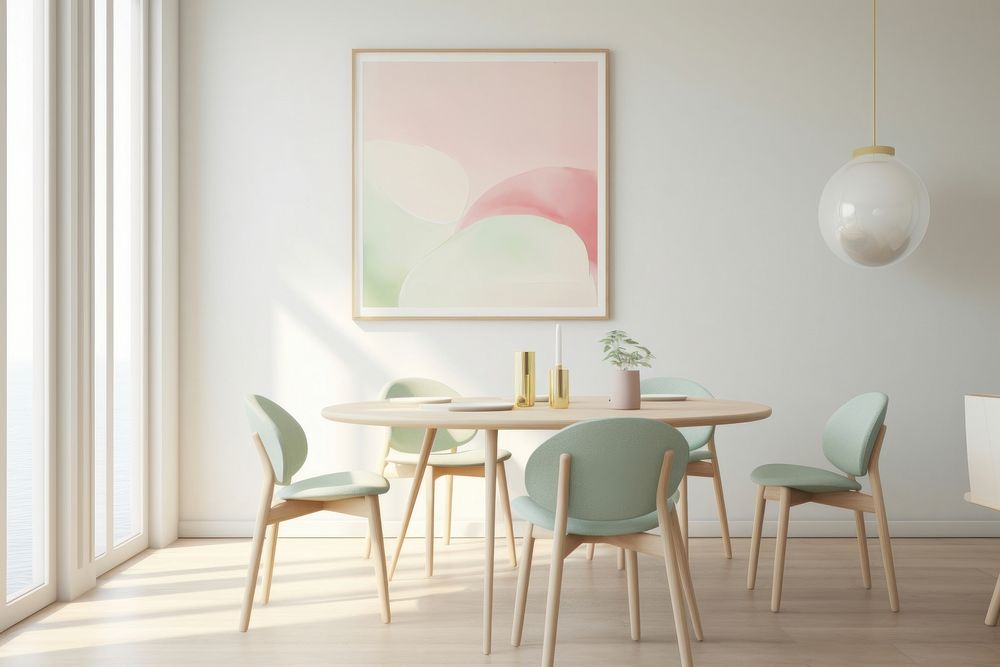 Painting of minimal dining room architecture furniture chair.