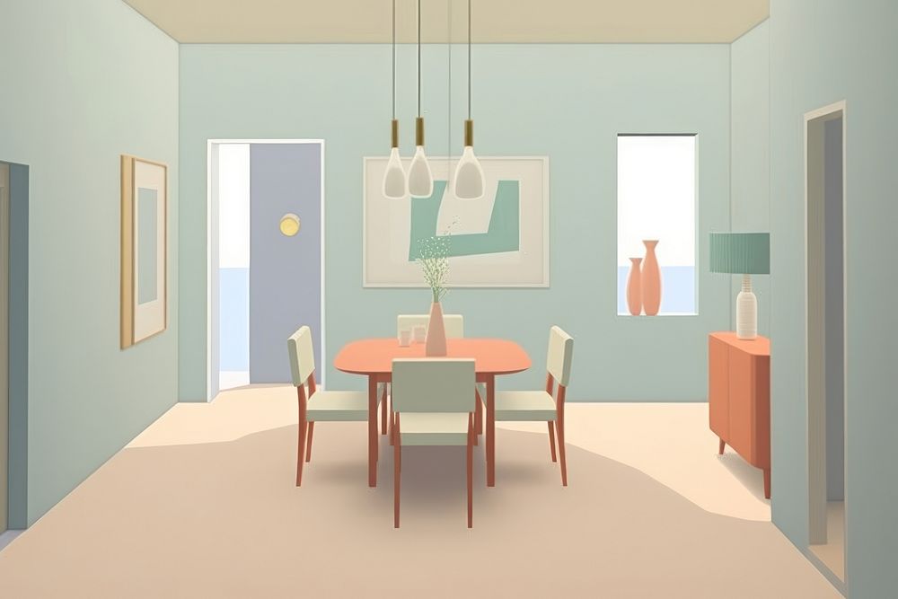Painting of minimal dining room architecture furniture building.