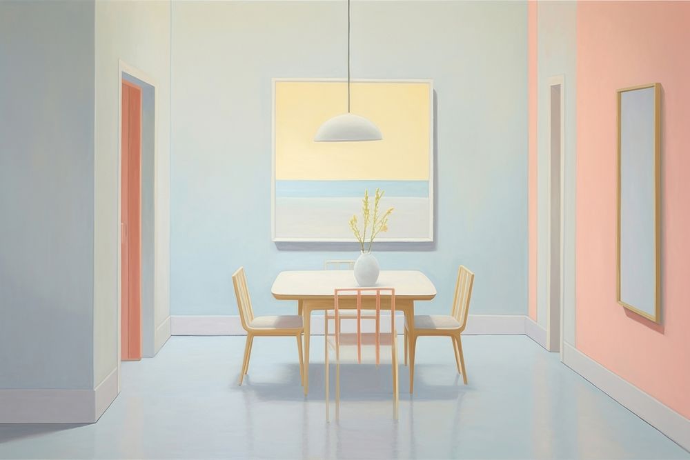 Painting of minimal dining room architecture furniture flooring.