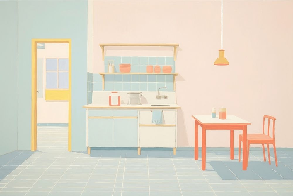 Painting of minimal kitchen room architecture furniture building.