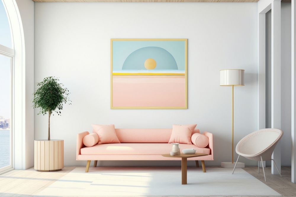 Painting of minimal living room architecture furniture cushion.