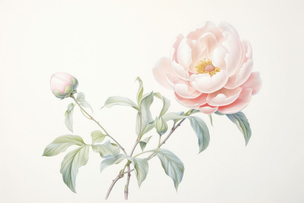 Painting of peony blossom flower plant.