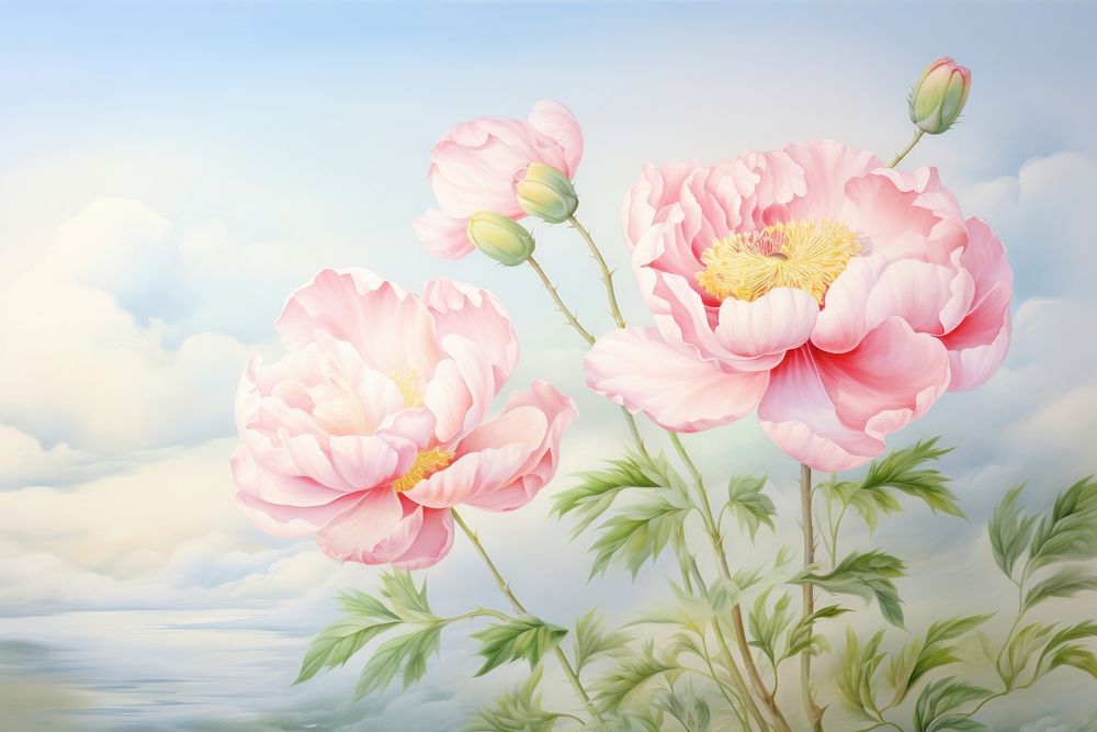 Painting of peony outdoors blossom flower.