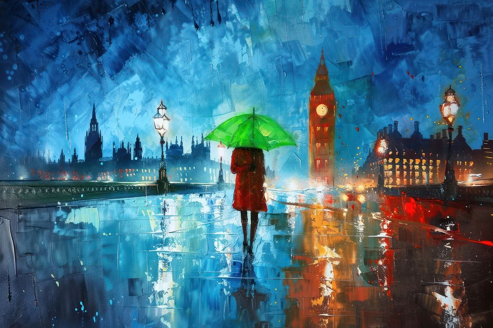London painting city reflection.