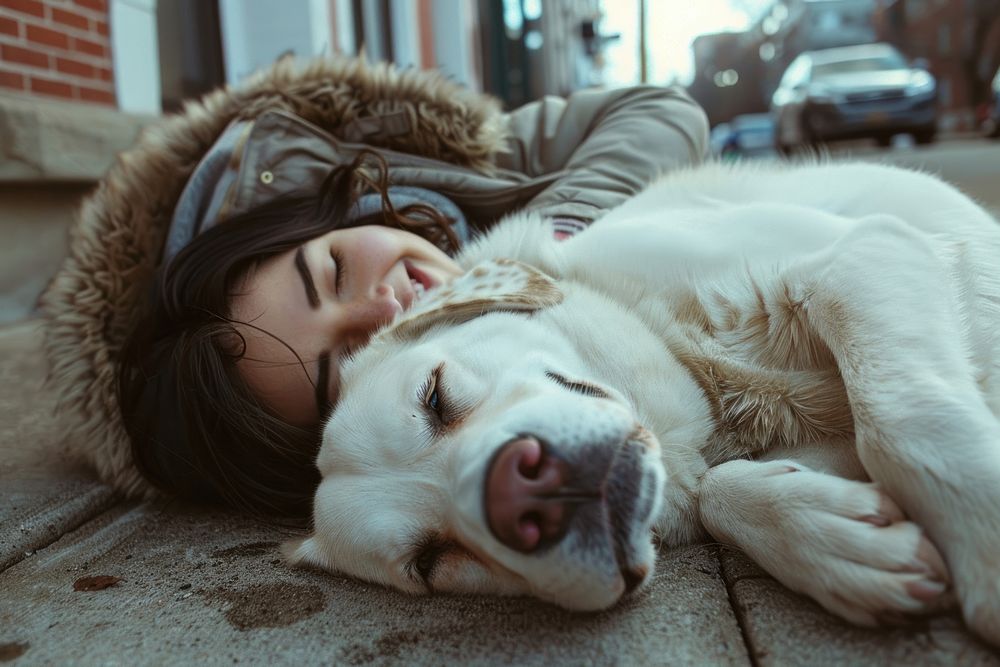Person hugging a dog pet sleeping portrait.