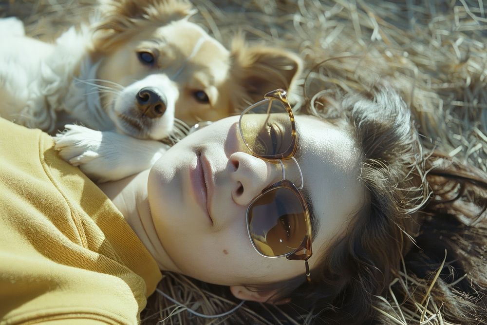 Person hugging a dog sunglasses portrait mammal.