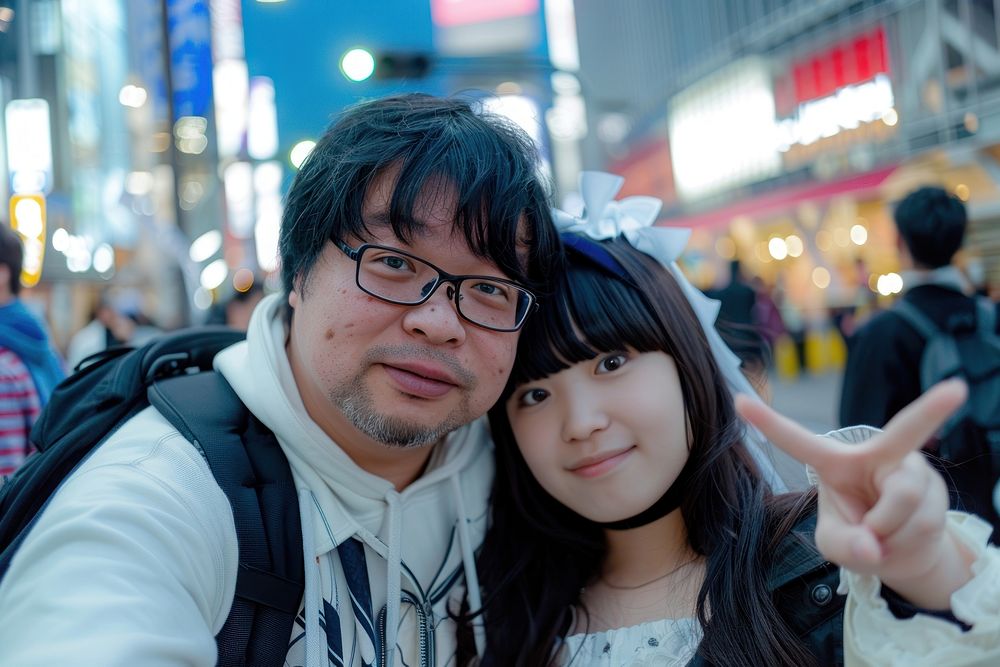 Asian fat man with glasses selfie with cute cute idol girl dress up cute against japanese concert portrait street adult.