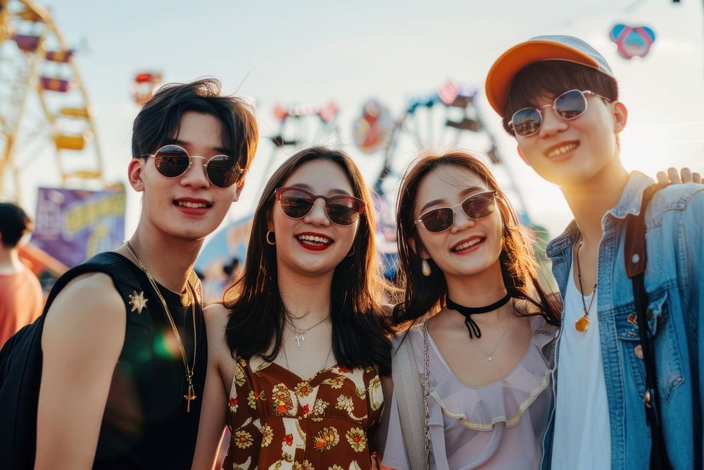 Asian friends standing against outdoor music festival concert sunglasses outdoors adult.