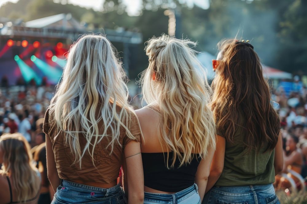 Blonde friends standing against outdoor music festival concert outdoors adult togetherness.
