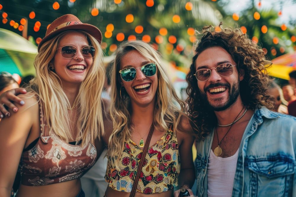 Blonde friends standing against outdoor music festival concert laughing outdoors glasses.