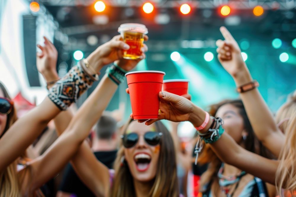 Friends group hand holding red papercup and wearing paper wristband against outdoor music festival concert fun party drink.