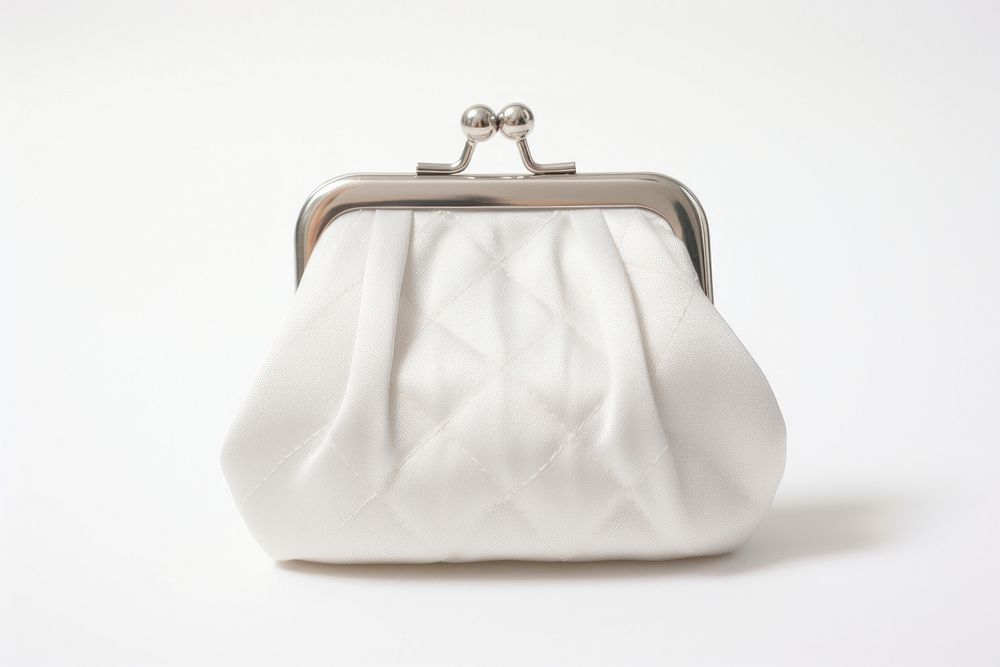 White cotton buckle coin purse with kiss-lock handbag white background accessories.