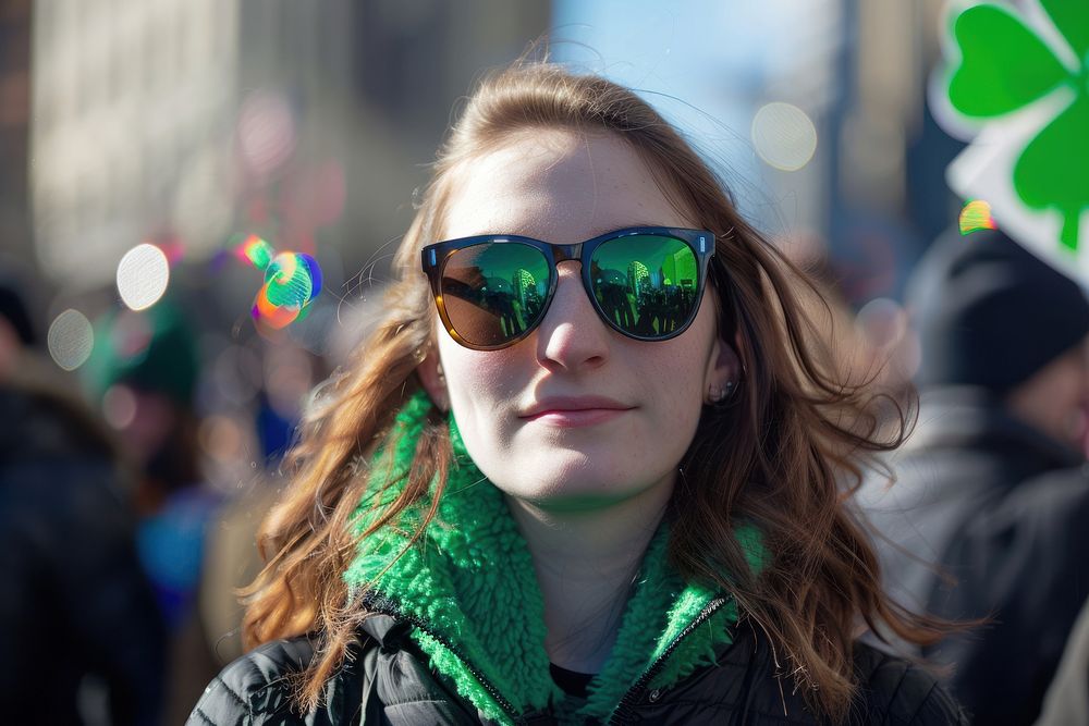Woman wearing sunglasses clover shape portrait adult photo.