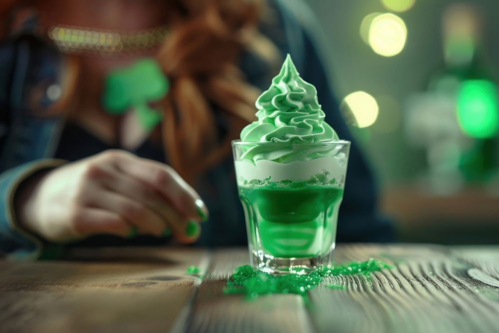 Woman drink green jello whip cream on top in a shot glass dessert food refreshment.