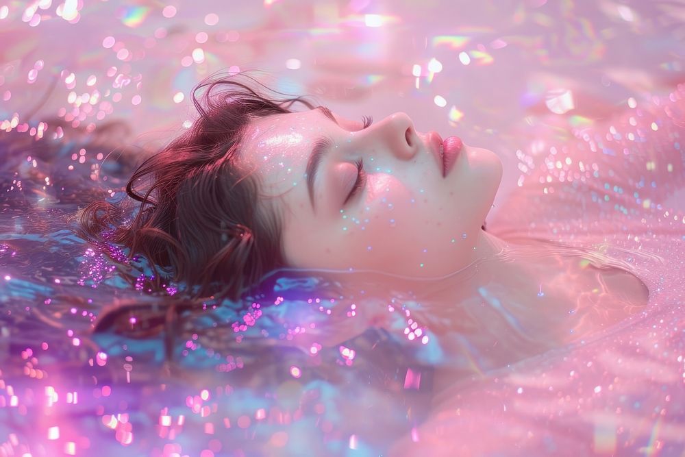 Woman lying on the back in the holographic water portrait swimming photo.