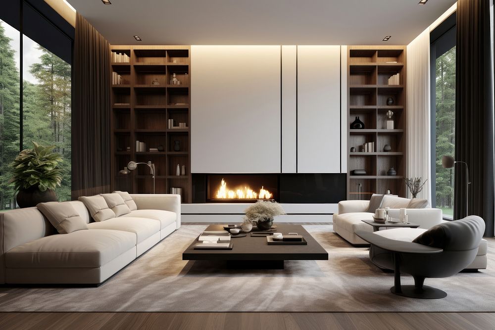 Modern living room architecture furniture fireplace.