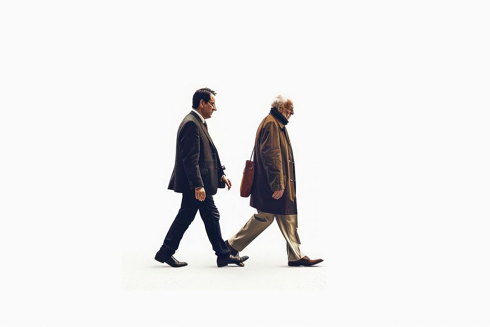 Business man walking with a old man adult coat white background.