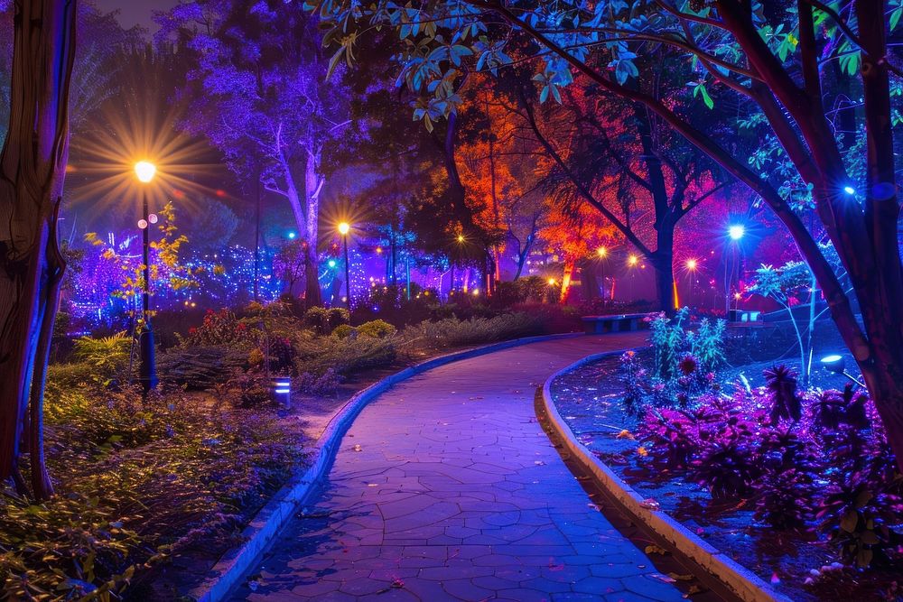 Beautiful empty park with colorful lights at night outdoors nature street.