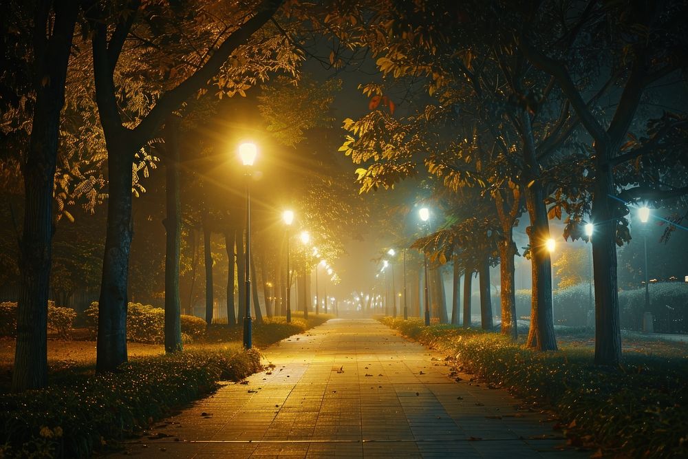 Beautiful park with light at night outdoors nature autumn.