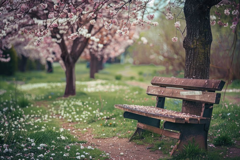 Bench under the tree in a park on a spring day outdoors blossom nature.