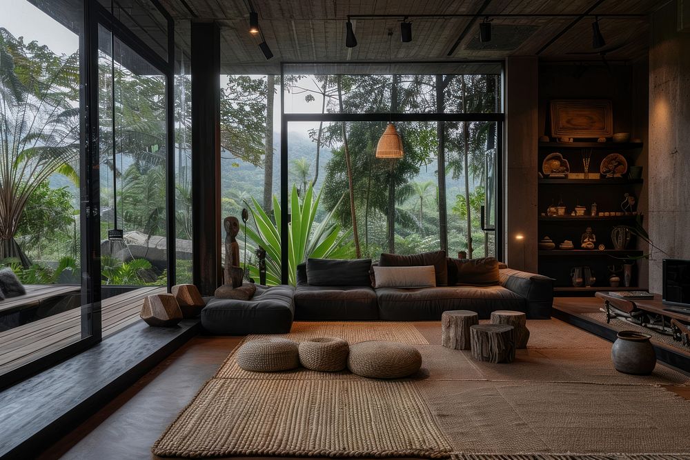 Black living room in a earthy interior design architecture furniture building.