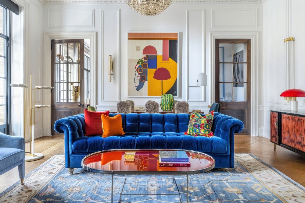 Colorful living room with blue velvet sofa and red lamp architecture furniture building.