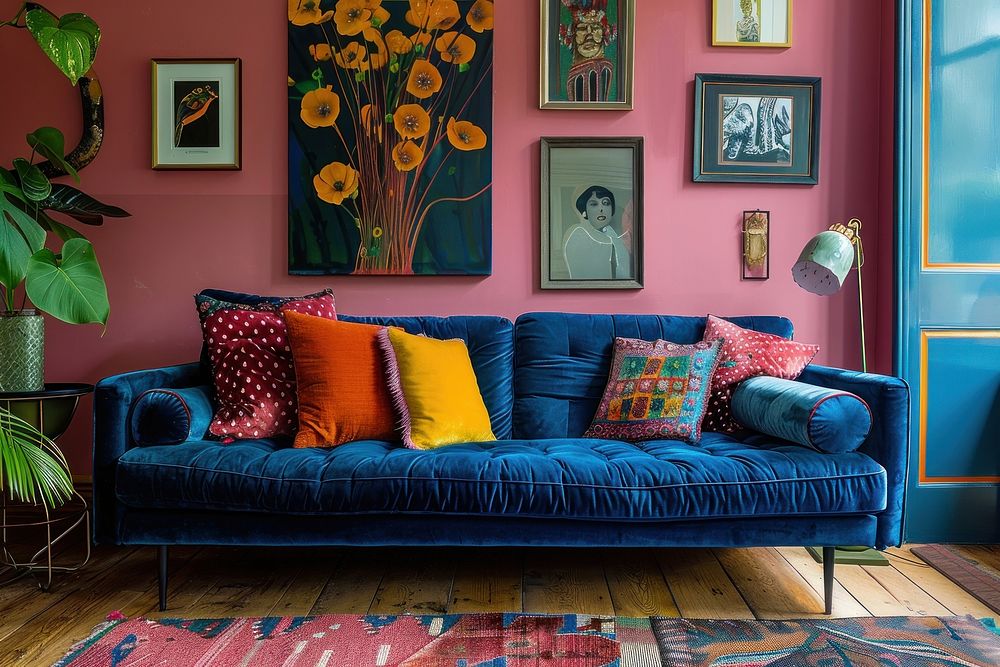 Colorful living room with blue velvet sofa furniture cushion pillow.