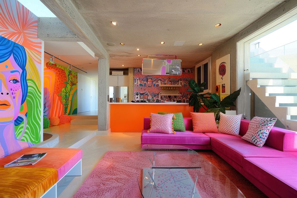 Colorful living room with hot pink sofa architecture furniture building.